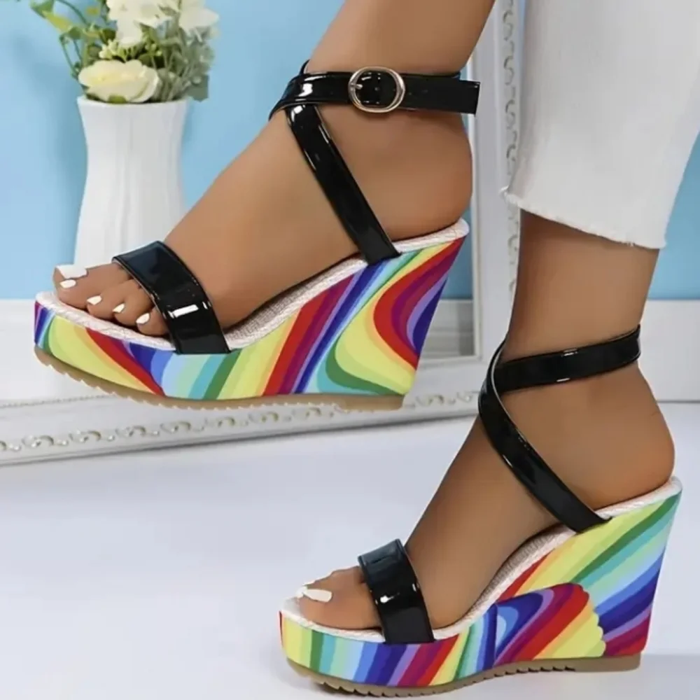 Black and Rainbow Wedge Shoes with Bold Platform Sz 9.5